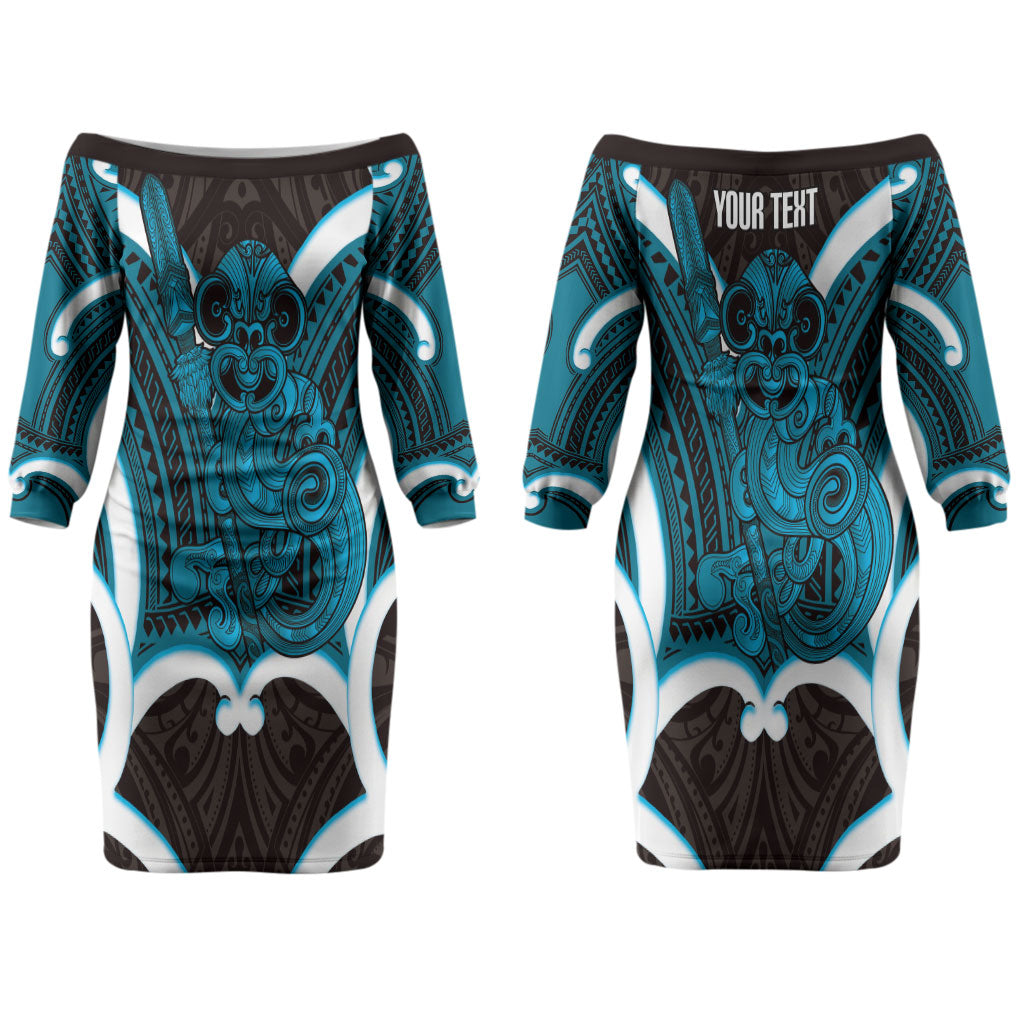 Kikorangi Aotearoa Atua Tumatauenga Personalised Couples Matching Off The Shoulder Long Sleeve Dress and Long Sleeve Button Shirt Maori God Of War Tiki With Taiaha LT14 - Polynesian Pride