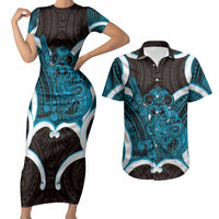 Kikorangi Aotearoa Atua Tumatauenga Personalised Couples Matching Short Sleeve Bodycon Dress and Hawaiian Shirt Maori God Of War Tiki With Taiaha LT14 Blue - Polynesian Pride