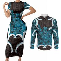 Kikorangi Aotearoa Atua Tumatauenga Personalised Couples Matching Short Sleeve Bodycon Dress and Long Sleeve Button Shirt Maori God Of War Tiki With Taiaha LT14 Blue - Polynesian Pride