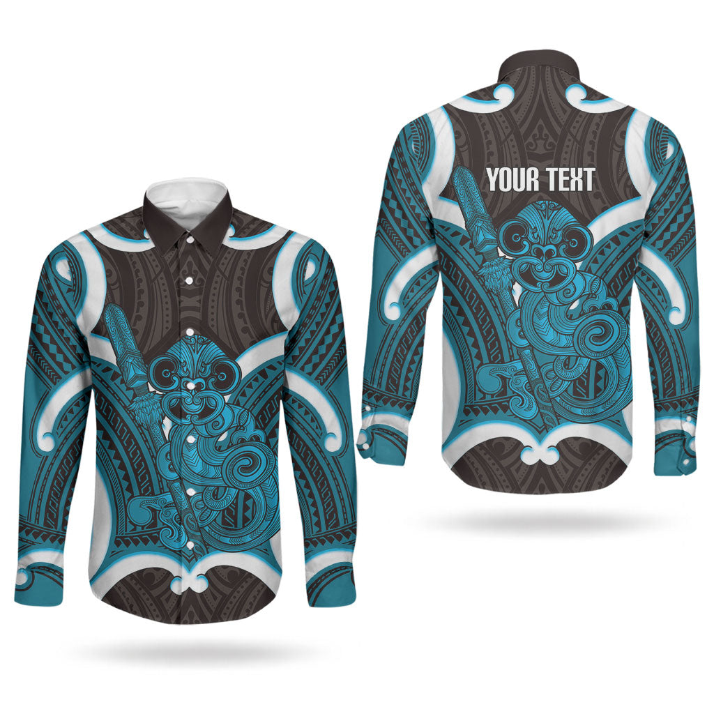 Kikorangi Aotearoa Atua Tumatauenga Personalised Couples Matching Short Sleeve Bodycon Dress and Long Sleeve Button Shirt Maori God Of War Tiki With Taiaha LT14 - Polynesian Pride