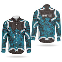 Kikorangi Aotearoa Atua Tumatauenga Personalised Couples Matching Short Sleeve Bodycon Dress and Long Sleeve Button Shirt Maori God Of War Tiki With Taiaha LT14 - Polynesian Pride