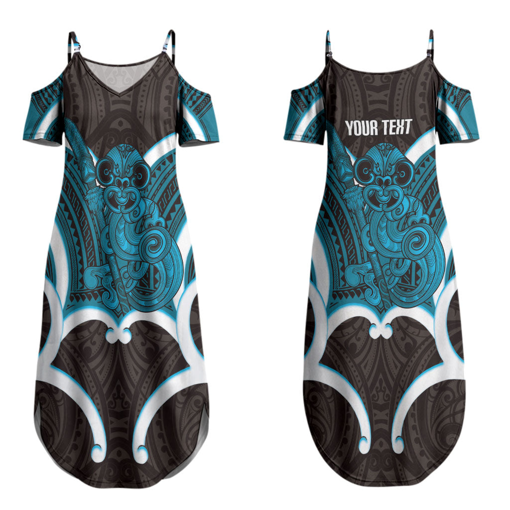 Kikorangi Aotearoa Atua Tumatauenga Personalised Couples Matching Summer Maxi Dress and Long Sleeve Button Shirt Maori God Of War Tiki With Taiaha LT14 - Polynesian Pride