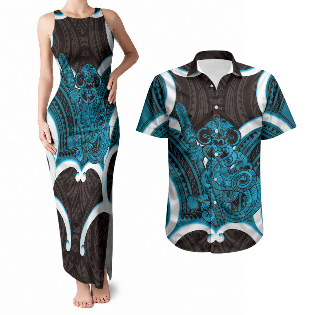 Kikorangi Aotearoa Atua Tumatauenga Personalised Couples Matching Tank Maxi Dress and Hawaiian Shirt Maori God Of War Tiki With Taiaha LT14 Blue - Polynesian Pride