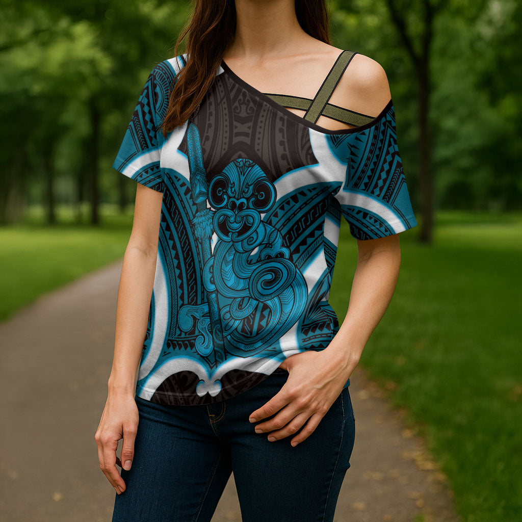 Kikorangi Aotearoa Atua Tumatauenga Personalised Cross Shoulder Shirt Maori God Of War Tiki With Taiaha LT14 - Polynesian Pride