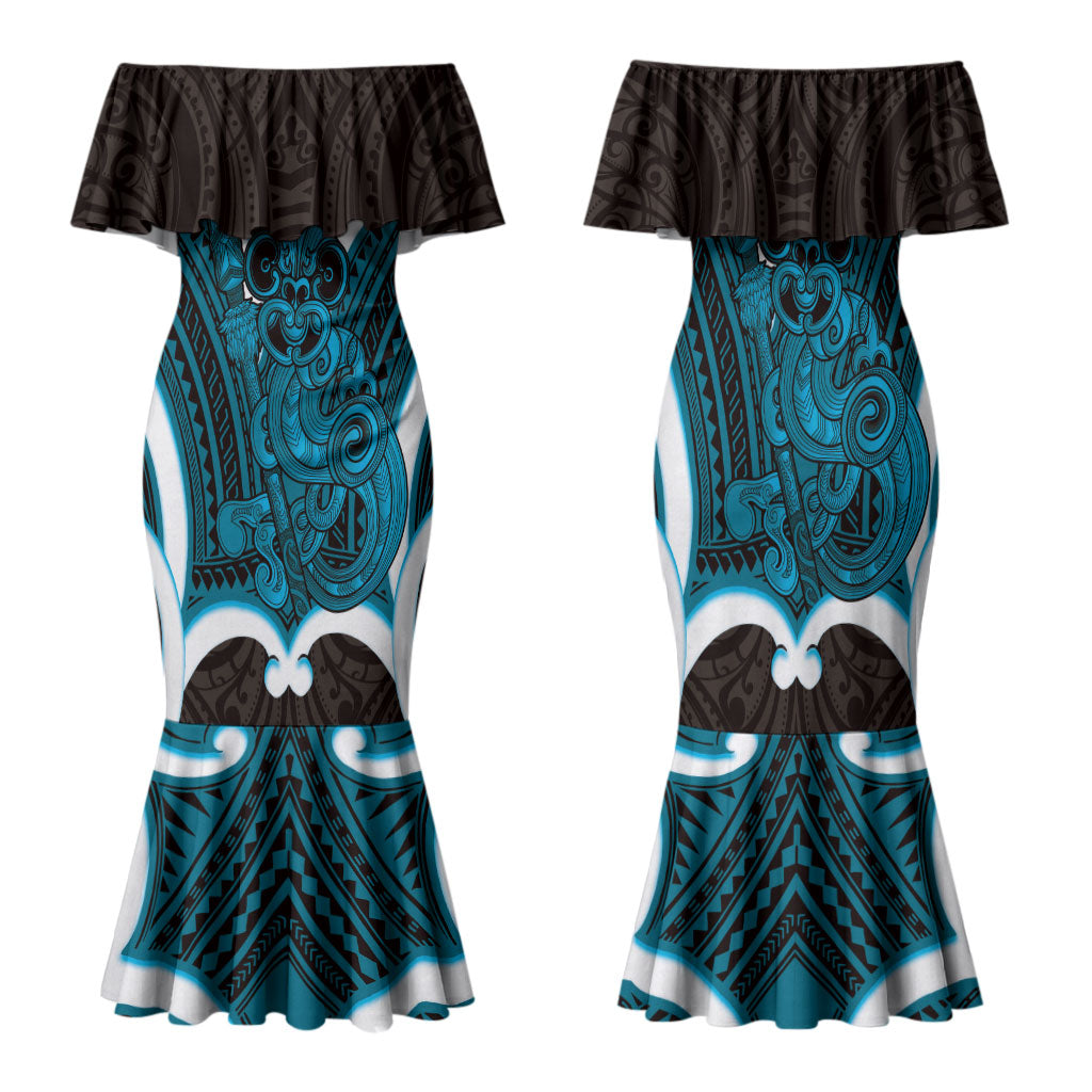 Kikorangi Aotearoa Atua Tumatauenga Personalised Family Matching Mermaid Dress and Hawaiian Shirt Maori God Of War Tiki With Taiaha LT14 Mom's Dress Blue - Polynesian Pride