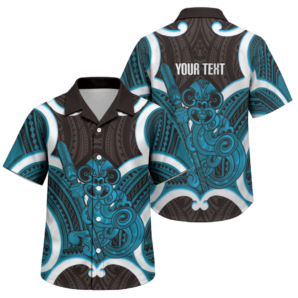Kikorangi Aotearoa Atua Tumatauenga Personalised Family Matching Mermaid Dress and Hawaiian Shirt Maori God Of War Tiki With Taiaha LT14 Son's Shirt Blue - Polynesian Pride
