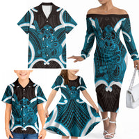 Kikorangi Aotearoa Atua Tumatauenga Personalised Family Matching Off The Shoulder Long Sleeve Dress and Hawaiian Shirt Maori God Of War Tiki With Taiaha LT14 - Polynesian Pride