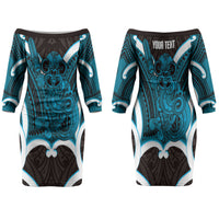 Kikorangi Aotearoa Atua Tumatauenga Personalised Family Matching Off The Shoulder Long Sleeve Dress and Hawaiian Shirt Maori God Of War Tiki With Taiaha LT14 Mom's Dress Blue - Polynesian Pride