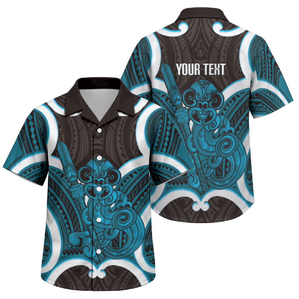 Kikorangi Aotearoa Atua Tumatauenga Personalised Family Matching Off The Shoulder Long Sleeve Dress and Hawaiian Shirt Maori God Of War Tiki With Taiaha LT14 Son's Shirt Blue - Polynesian Pride