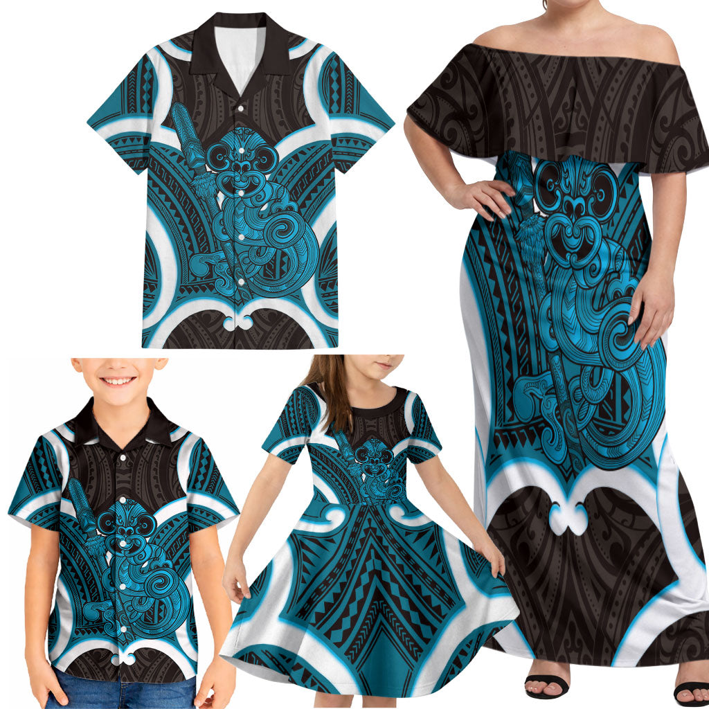 Kikorangi Aotearoa Atua Tumatauenga Personalised Family Matching Off Shoulder Maxi Dress and Hawaiian Shirt Maori God Of War Tiki With Taiaha LT14 - Polynesian Pride