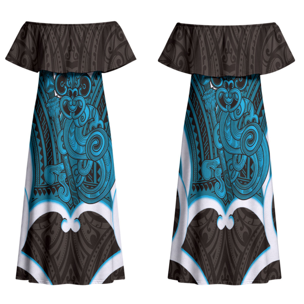 Kikorangi Aotearoa Atua Tumatauenga Personalised Family Matching Off Shoulder Maxi Dress and Hawaiian Shirt Maori God Of War Tiki With Taiaha LT14 Mom's Dress Blue - Polynesian Pride