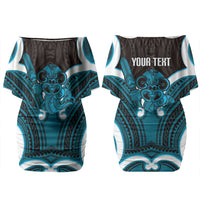 Kikorangi Aotearoa Atua Tumatauenga Personalised Family Matching Off Shoulder Short Dress and Hawaiian Shirt Maori God Of War Tiki With Taiaha LT14 Mom's Dress Blue - Polynesian Pride