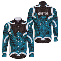 Kikorangi Aotearoa Atua Tumatauenga Personalised Family Matching Off Shoulder Short Dress and Hawaiian Shirt Maori God Of War Tiki With Taiaha LT14 Dad's Shirt - Long Sleeve Blue - Polynesian Pride