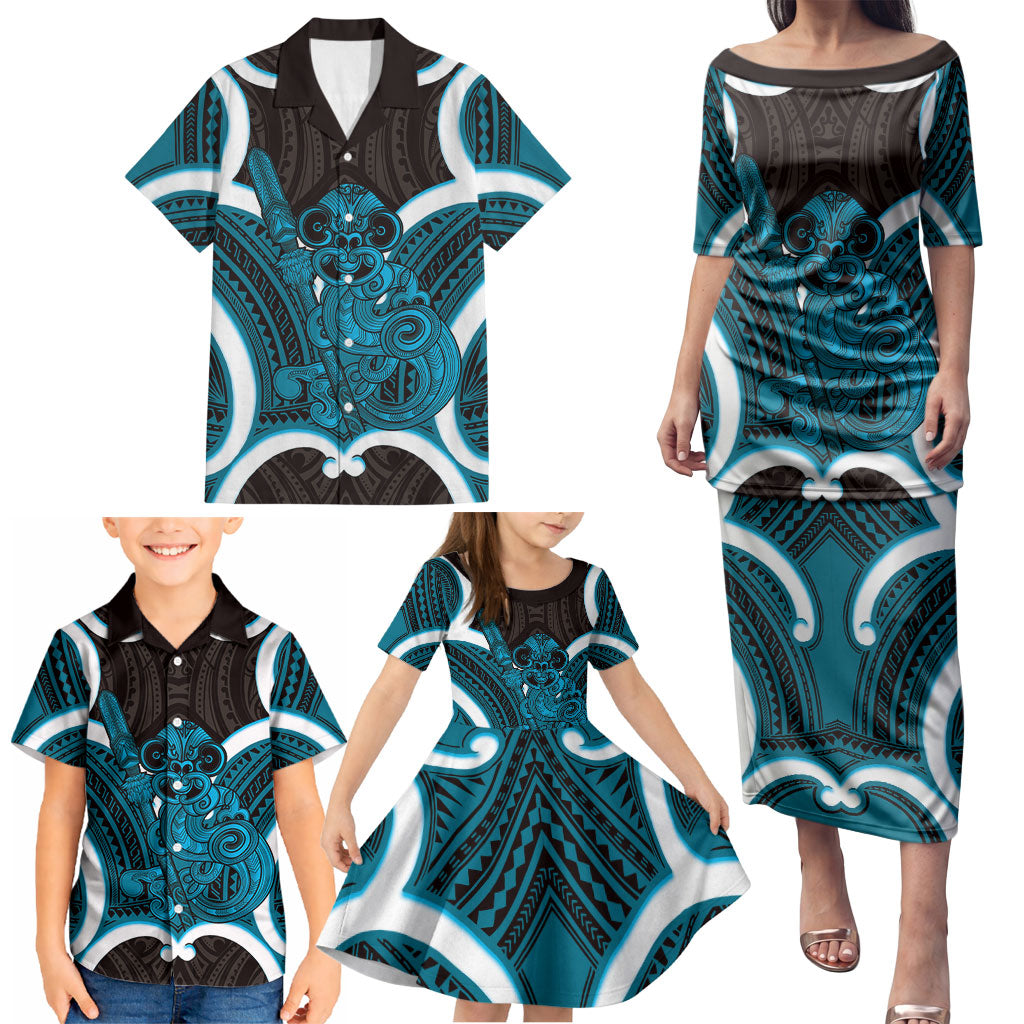 Kikorangi Aotearoa Atua Tumatauenga Personalised Family Matching Puletasi and Hawaiian Shirt Maori God Of War Tiki With Taiaha LT14 - Polynesian Pride
