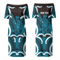 Kikorangi Aotearoa Atua Tumatauenga Personalised Family Matching Puletasi and Hawaiian Shirt Maori God Of War Tiki With Taiaha LT14 Mom's Dress Blue - Polynesian Pride