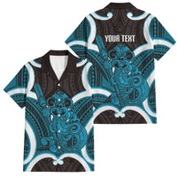 Kikorangi Aotearoa Atua Tumatauenga Personalised Family Matching Puletasi and Hawaiian Shirt Maori God Of War Tiki With Taiaha LT14 Dad's Shirt - Short Sleeve Blue - Polynesian Pride