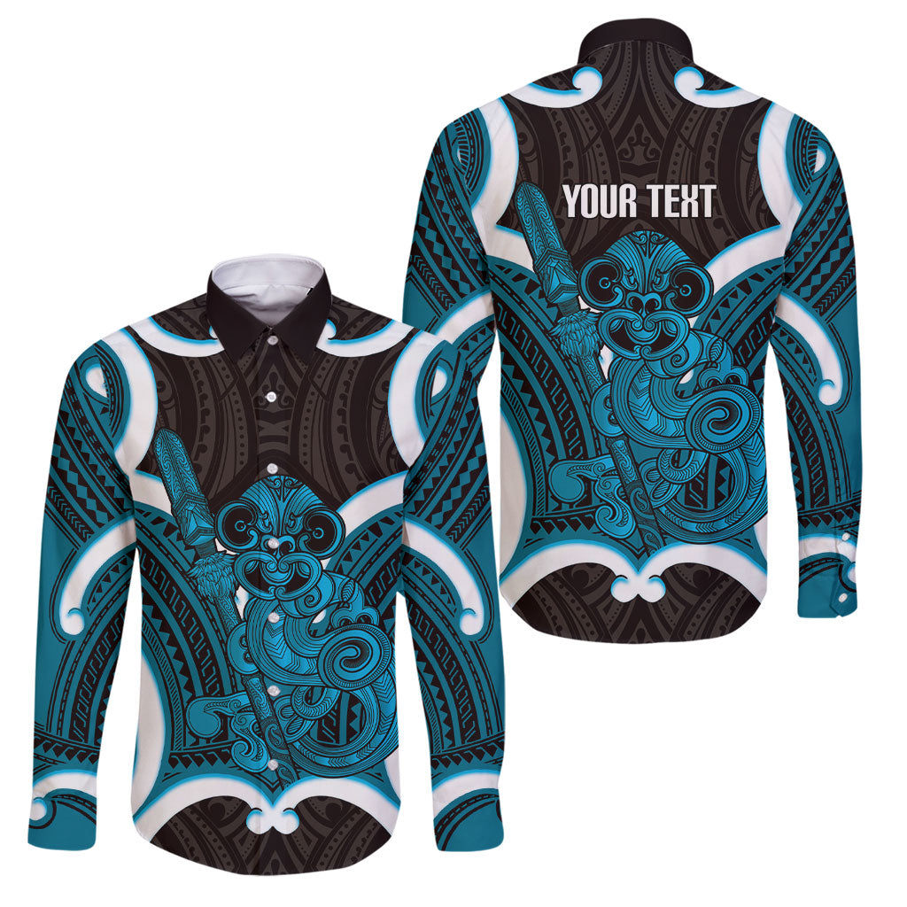 Kikorangi Aotearoa Atua Tumatauenga Personalised Family Matching Puletasi and Hawaiian Shirt Maori God Of War Tiki With Taiaha LT14 Dad's Shirt - Long Sleeve Blue - Polynesian Pride