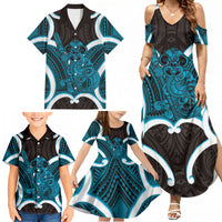 Kikorangi Aotearoa Atua Tumatauenga Personalised Family Matching Summer Maxi Dress and Hawaiian Shirt Maori God Of War Tiki With Taiaha LT14 - Polynesian Pride