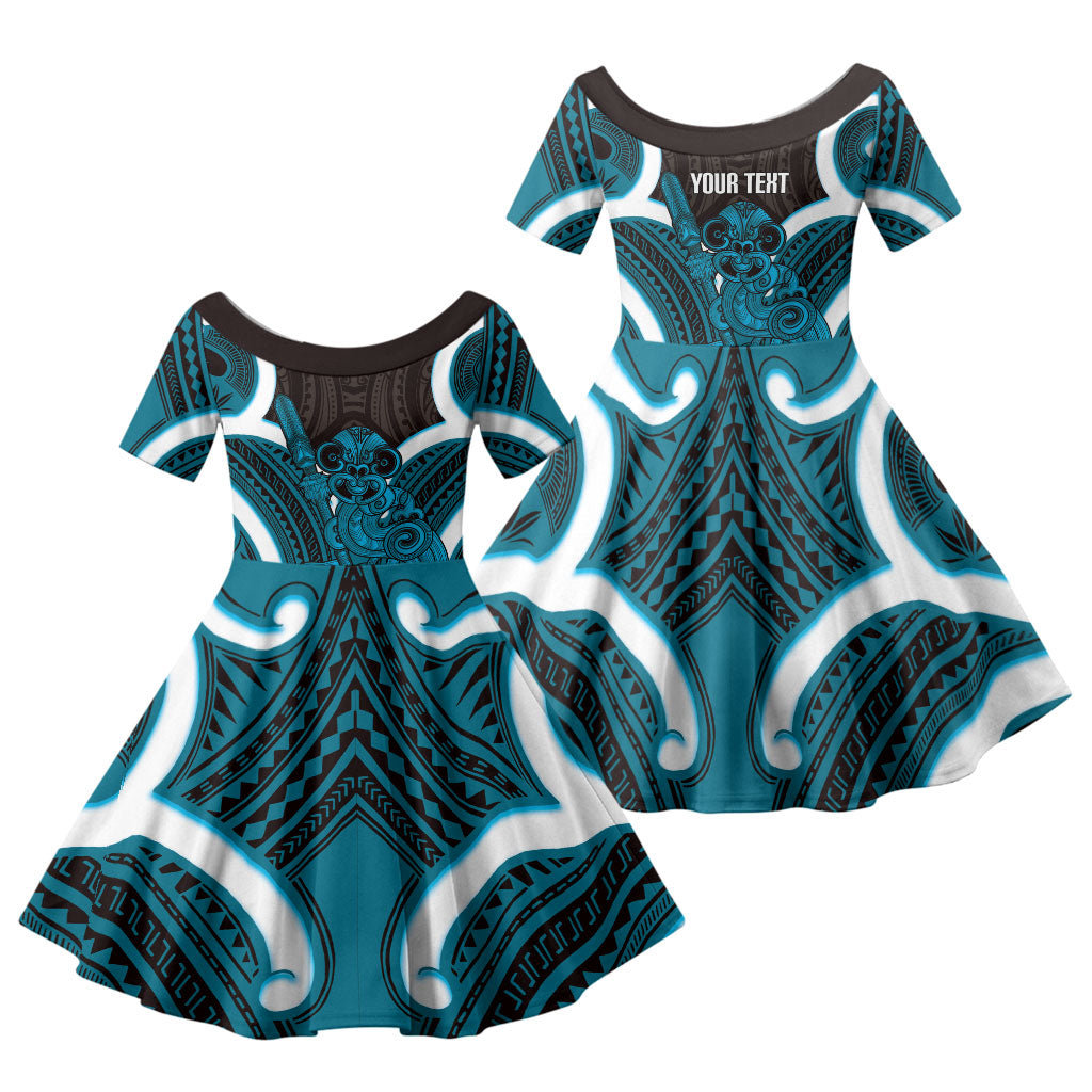 Kikorangi Aotearoa Atua Tumatauenga Personalised Family Matching Summer Maxi Dress and Hawaiian Shirt Maori God Of War Tiki With Taiaha LT14 Daughter's Dress Blue - Polynesian Pride