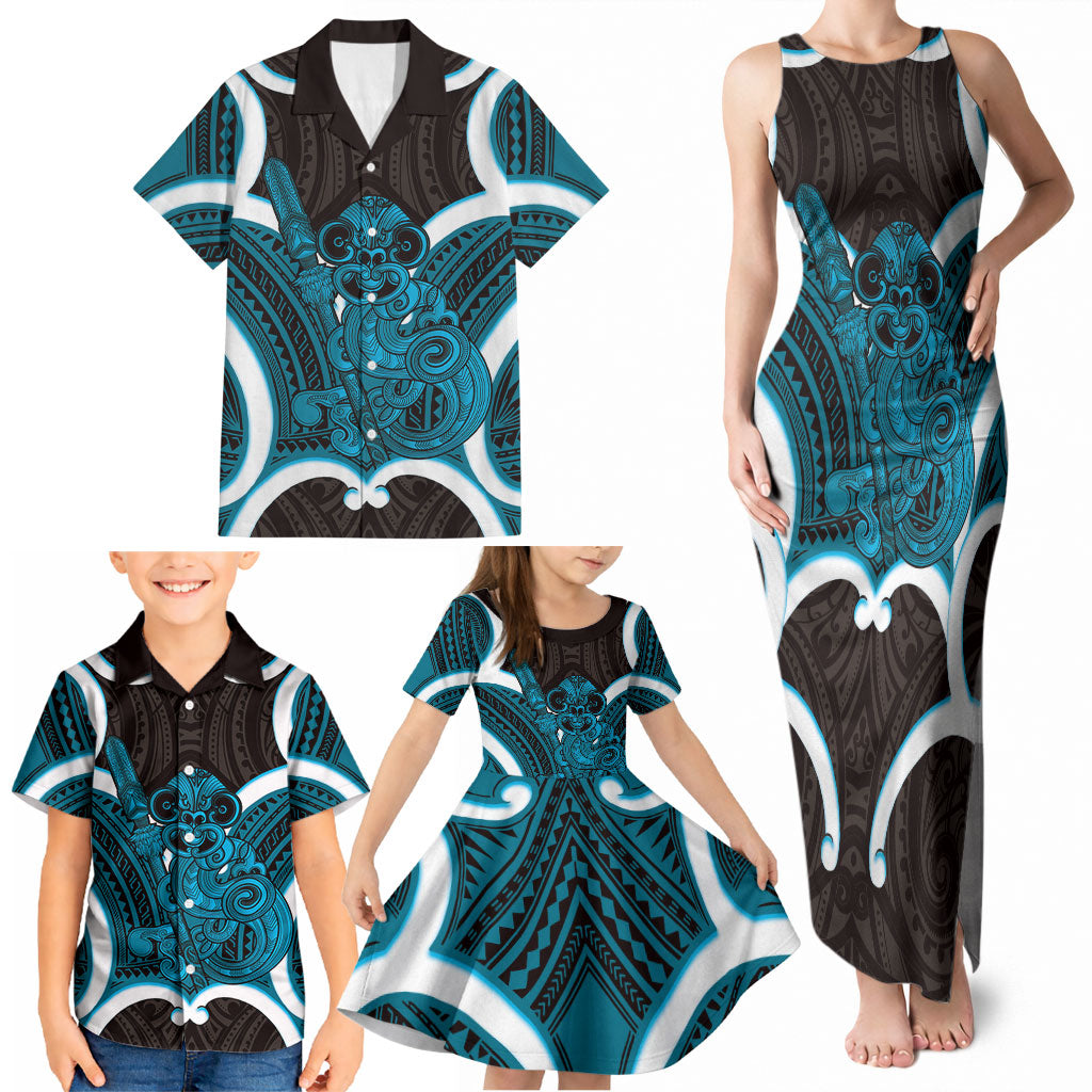 Kikorangi Aotearoa Atua Tumatauenga Personalised Family Matching Tank Maxi Dress and Hawaiian Shirt Maori God Of War Tiki With Taiaha LT14 - Polynesian Pride