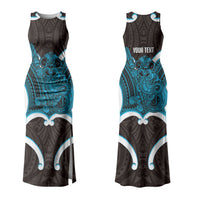 Kikorangi Aotearoa Atua Tumatauenga Personalised Family Matching Tank Maxi Dress and Hawaiian Shirt Maori God Of War Tiki With Taiaha LT14 Mom's Dress Blue - Polynesian Pride