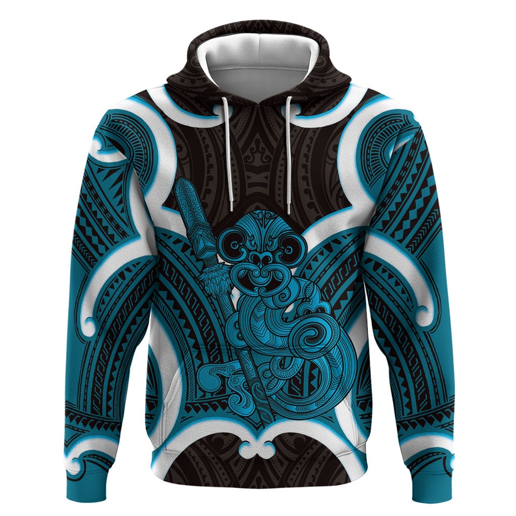 Kikorangi Aotearoa Atua Tumatauenga Personalised Hoodie Maori God Of War Tiki With Taiaha LT14 Pullover Hoodie Blue - Polynesian Pride