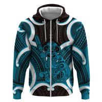 Kikorangi Aotearoa Atua Tumatauenga Personalised Hoodie Maori God Of War Tiki With Taiaha LT14 Zip Hoodie Blue - Polynesian Pride