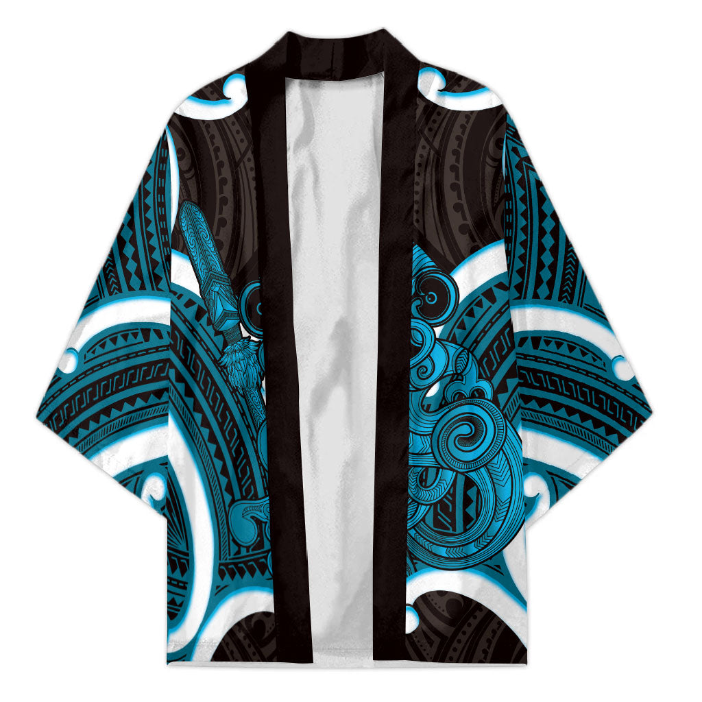 Kikorangi Aotearoa Atua Tumatauenga Personalised Kimono Maori God Of War Tiki With Taiaha LT14 Unisex Blue - Polynesian Pride