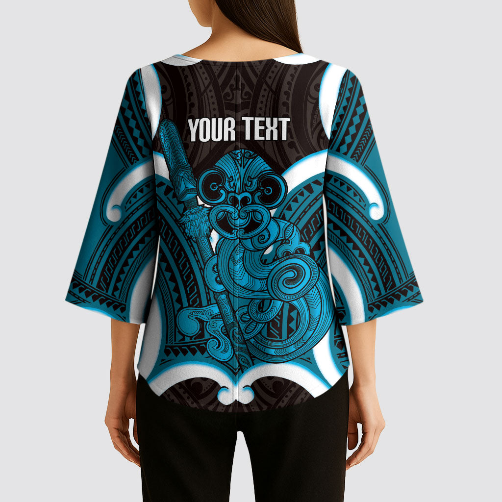 Kikorangi Aotearoa Atua Tumatauenga Personalised Kimono Sleeve Blouse Maori God Of War Tiki With Taiaha LT14 - Polynesian Pride