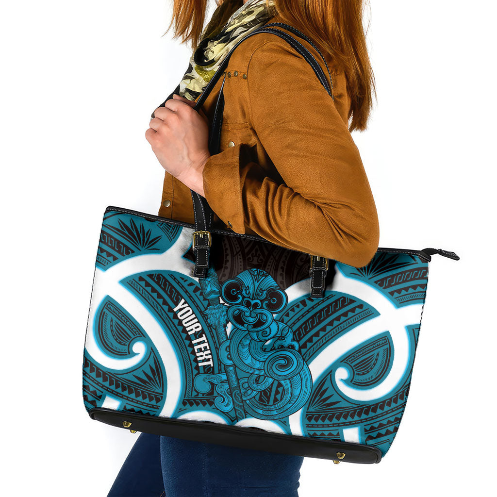 Kikorangi Aotearoa Atua Tumatauenga Personalised Leather Tote Bag Maori God Of War Tiki With Taiaha LT14 Blue - Polynesian Pride