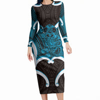 Kikorangi Aotearoa Atua Tumatauenga Personalised Long Sleeve Bodycon Dress Maori God Of War Tiki With Taiaha LT14 Long Dress Blue - Polynesian Pride