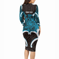 Kikorangi Aotearoa Atua Tumatauenga Personalised Long Sleeve Bodycon Dress Maori God Of War Tiki With Taiaha LT14 - Polynesian Pride