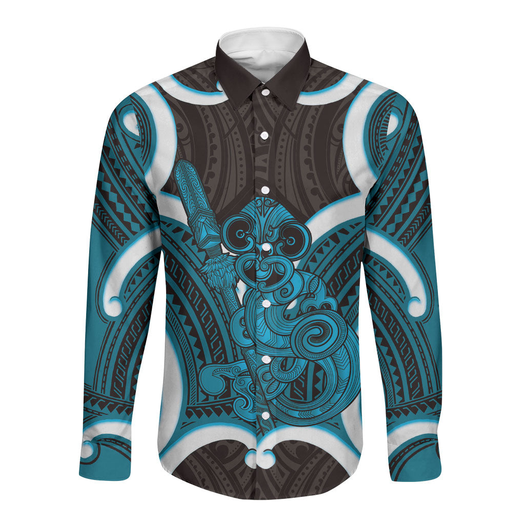 Kikorangi Aotearoa Atua Tumatauenga Personalised Long Sleeve Button Shirt Maori God Of War Tiki With Taiaha LT14 Unisex Blue - Polynesian Pride