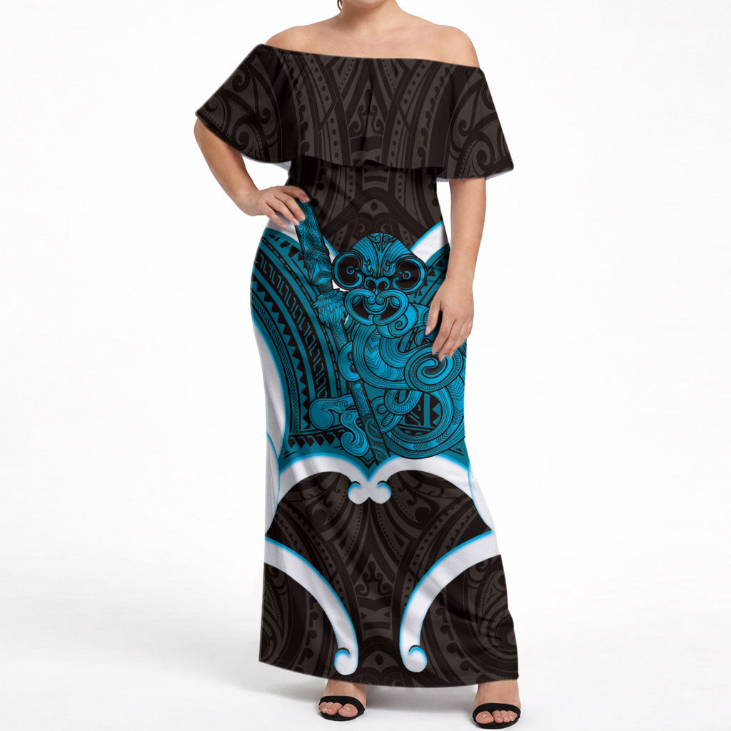 Kikorangi Aotearoa Atua Tumatauenga Personalised Off Shoulder Maxi Dress Maori God Of War Tiki With Taiaha LT14 Women Blue - Polynesian Pride