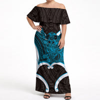 Kikorangi Aotearoa Atua Tumatauenga Personalised Off Shoulder Maxi Dress Maori God Of War Tiki With Taiaha LT14 Women Blue - Polynesian Pride