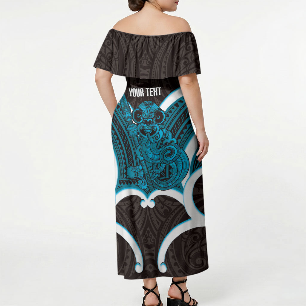 Kikorangi Aotearoa Atua Tumatauenga Personalised Off Shoulder Maxi Dress Maori God Of War Tiki With Taiaha LT14 - Polynesian Pride