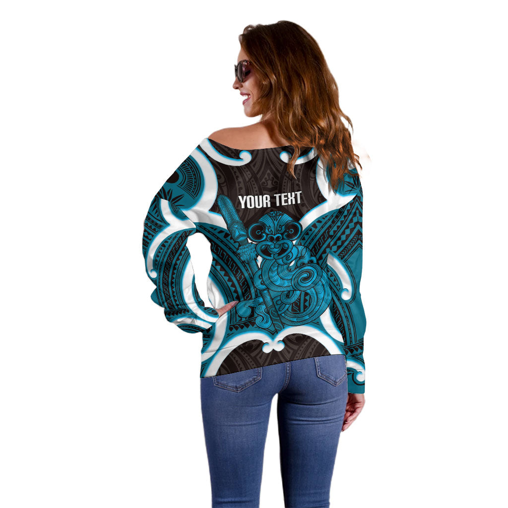 Kikorangi Aotearoa Atua Tumatauenga Personalised Off Shoulder Sweater Maori God Of War Tiki With Taiaha LT14 - Polynesian Pride