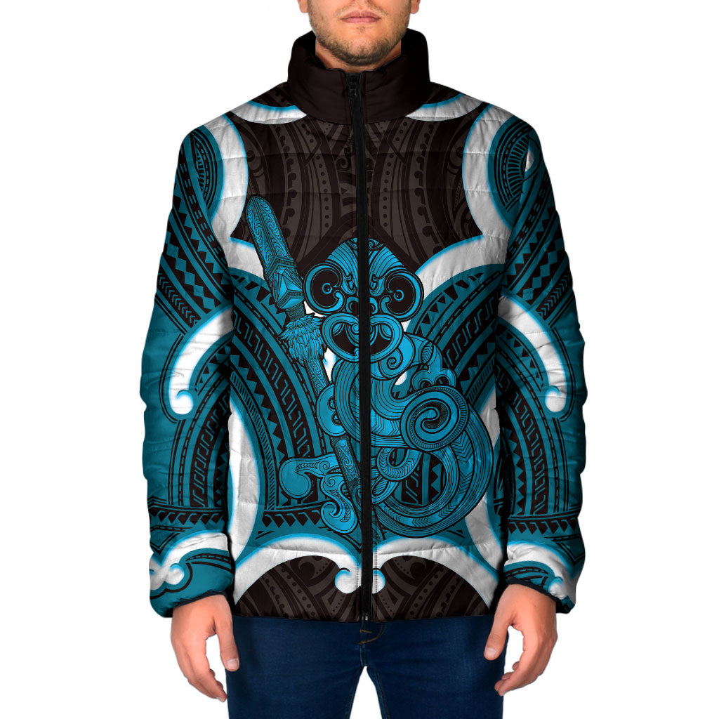 Kikorangi Aotearoa Atua Tumatauenga Personalised Padded Jacket Maori God Of War Tiki With Taiaha LT14 Men Blue - Polynesian Pride