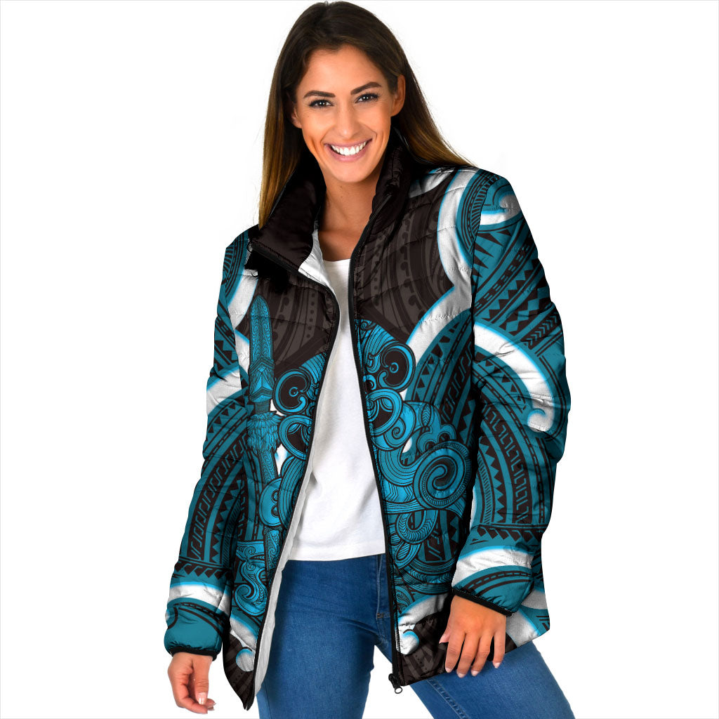 Kikorangi Aotearoa Atua Tumatauenga Personalised Padded Jacket Maori God Of War Tiki With Taiaha LT14 Women Blue - Polynesian Pride