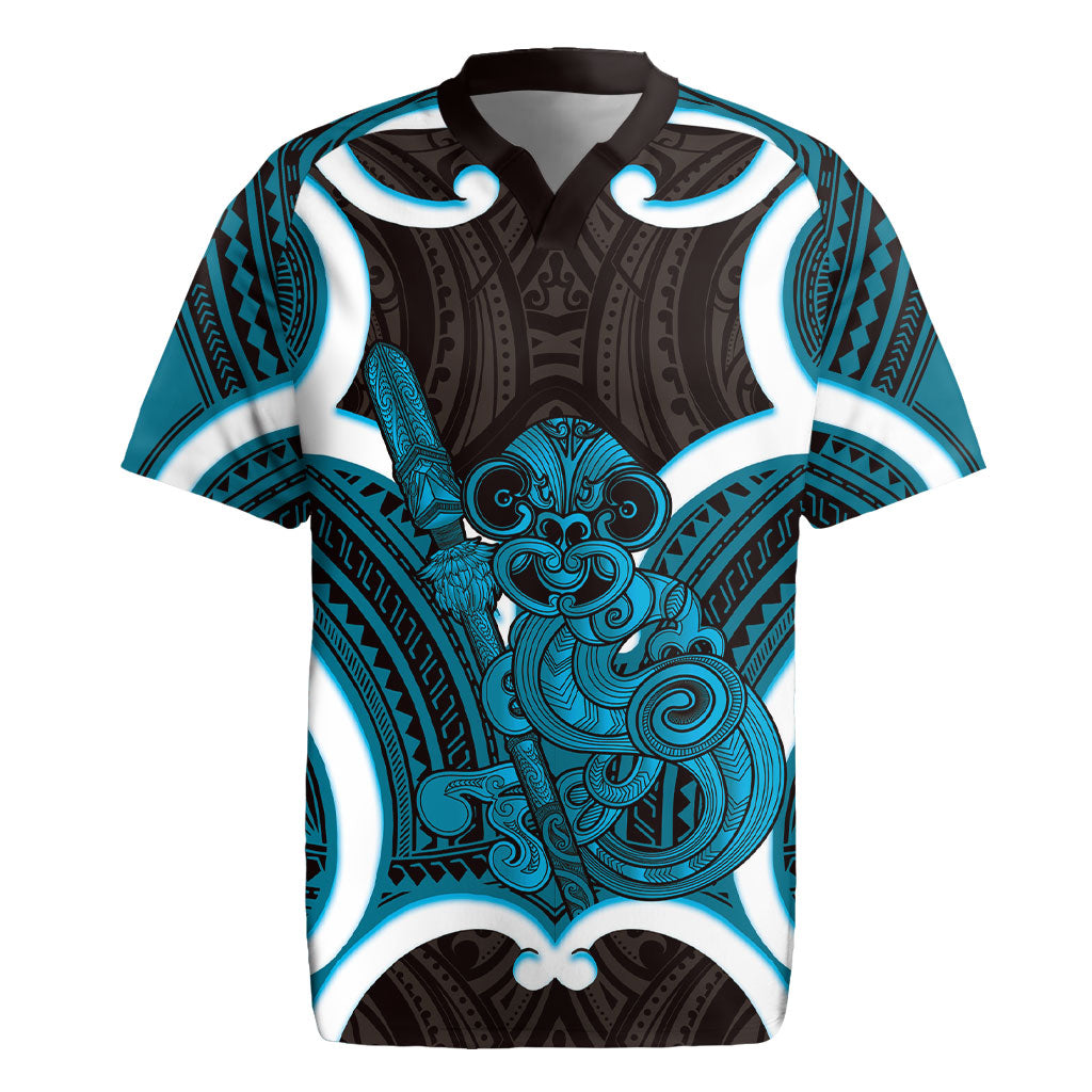Kikorangi Aotearoa Atua Tumatauenga Personalised Rugby Jersey Maori God Of War Tiki With Taiaha LT14 Blue - Polynesian Pride