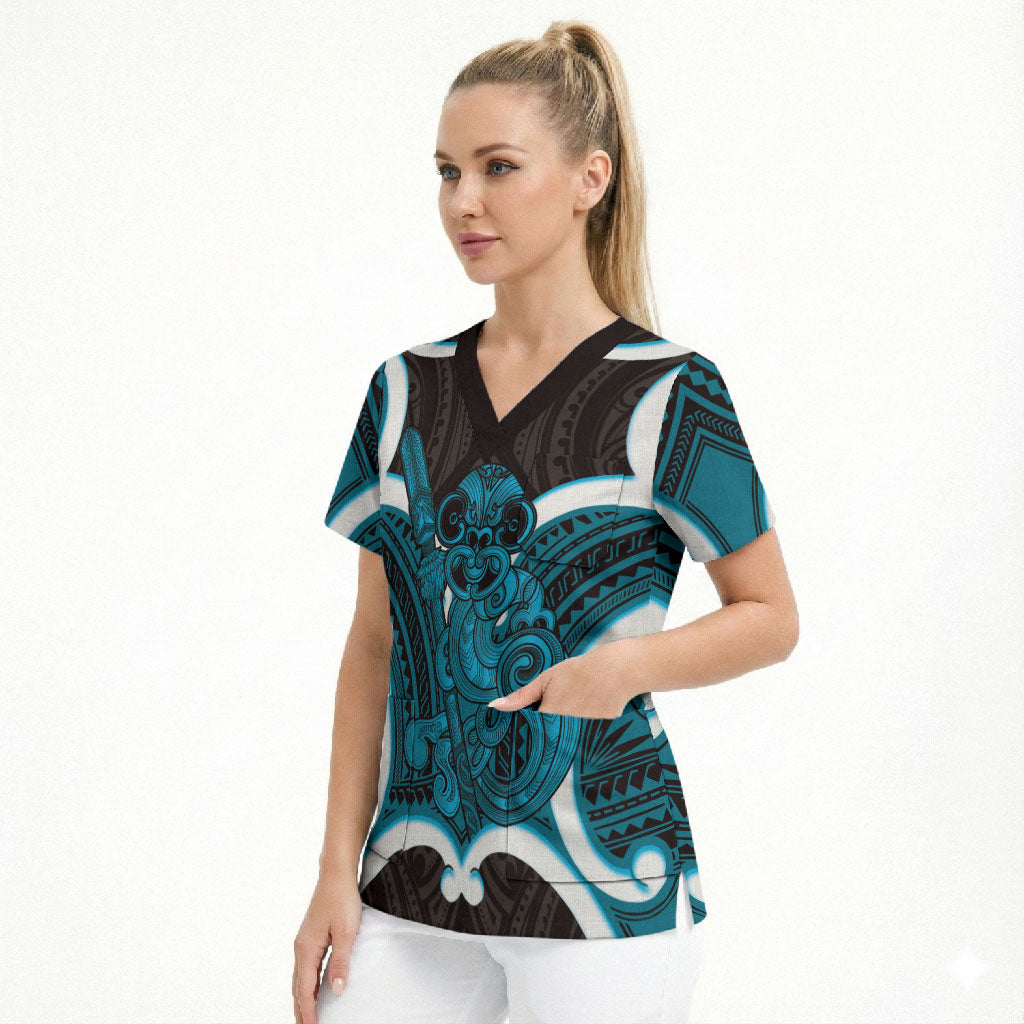 Kikorangi Aotearoa Atua Tumatauenga Personalised Scrub Top Maori God Of War Tiki With Taiaha LT14 - Polynesian Pride