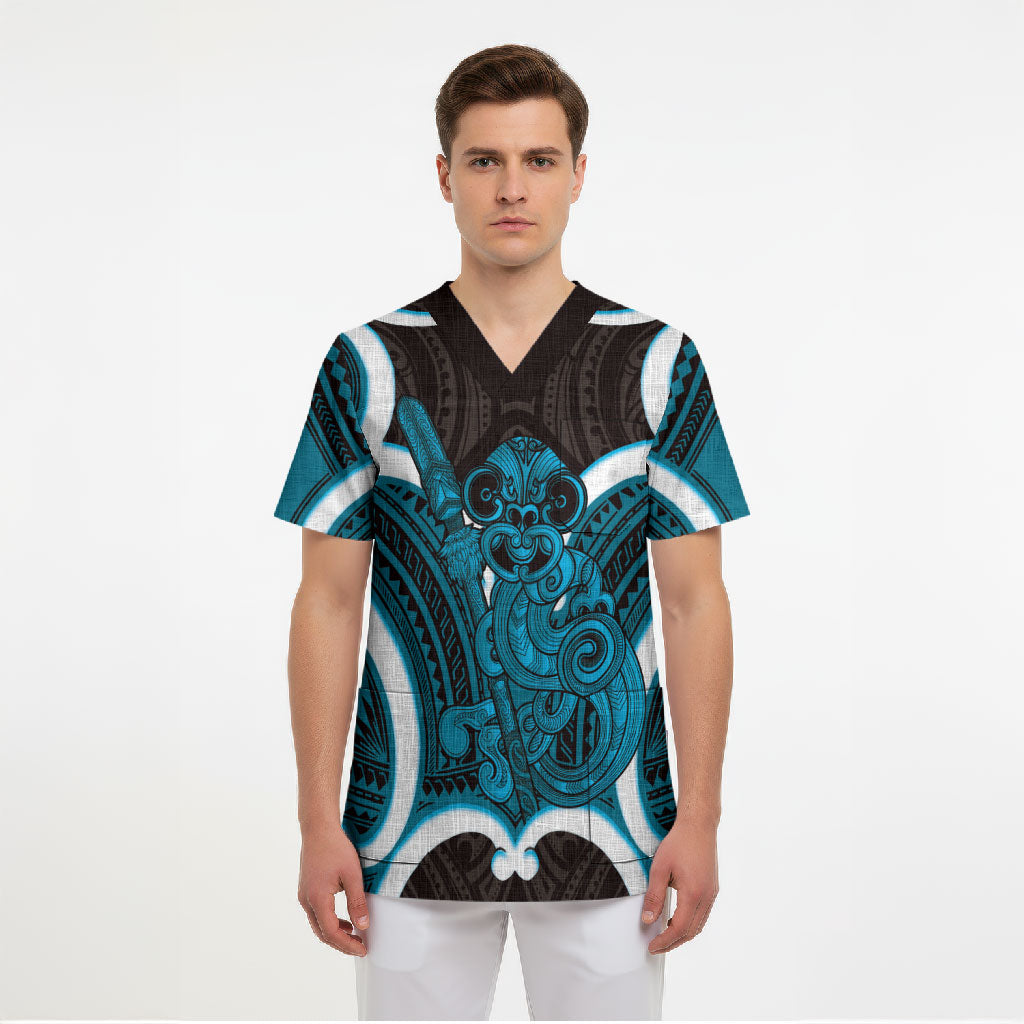 Kikorangi Aotearoa Atua Tumatauenga Personalised Scrub Top Maori God Of War Tiki With Taiaha LT14 - Polynesian Pride