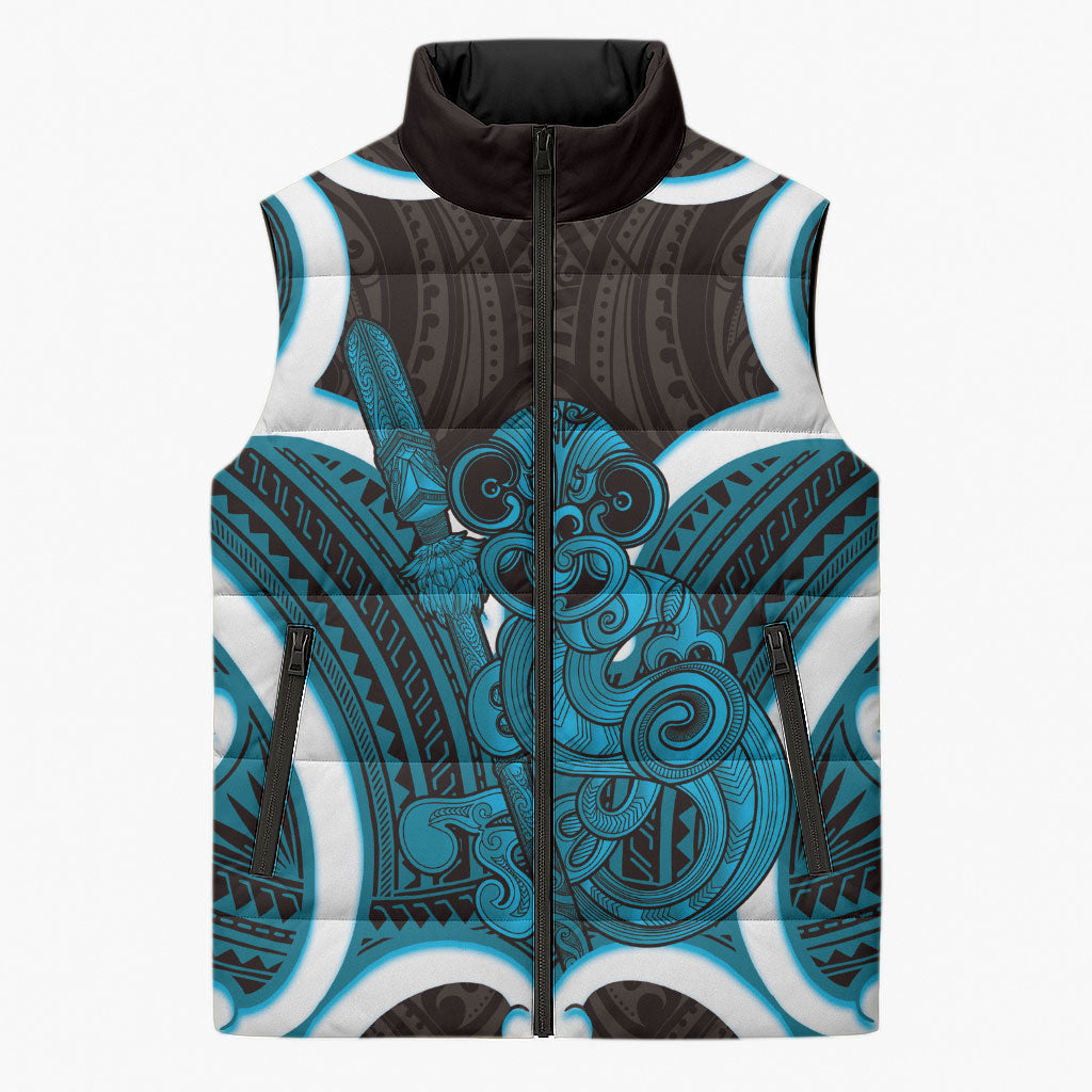 Kikorangi Aotearoa Atua Tumatauenga Personalised Sleeveless Puffer Jacket Maori God Of War Tiki With Taiaha LT14 Unisex Blue - Polynesian Pride
