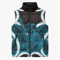 Kikorangi Aotearoa Atua Tumatauenga Personalised Sleeveless Puffer Jacket Maori God Of War Tiki With Taiaha LT14 Unisex Blue - Polynesian Pride