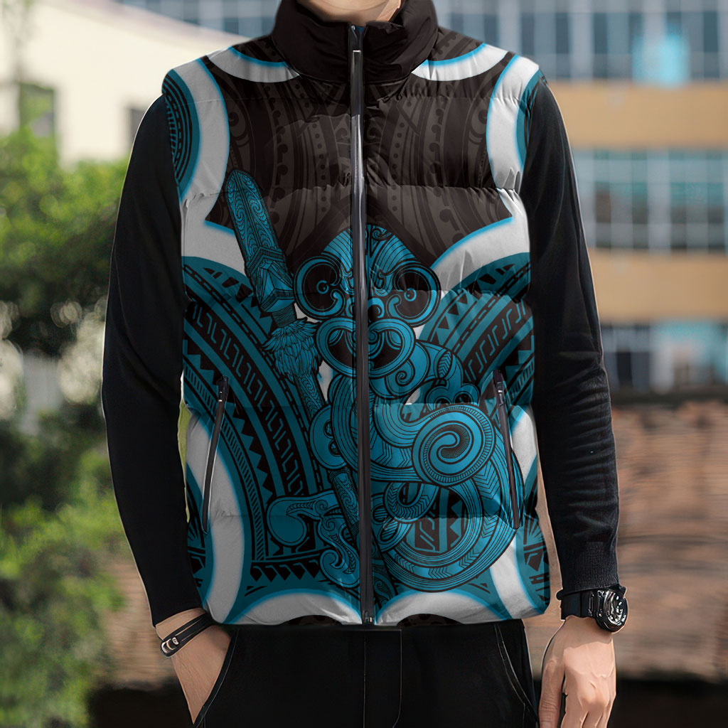 Kikorangi Aotearoa Atua Tumatauenga Personalised Sleeveless Puffer Jacket Maori God Of War Tiki With Taiaha LT14 - Polynesian Pride