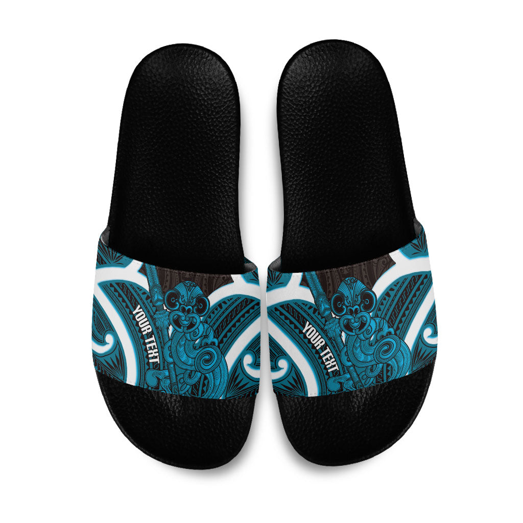 Kikorangi Aotearoa Atua Tumatauenga Personalised Slide Sandals Maori God Of War Tiki With Taiaha LT14 Blue - Polynesian Pride