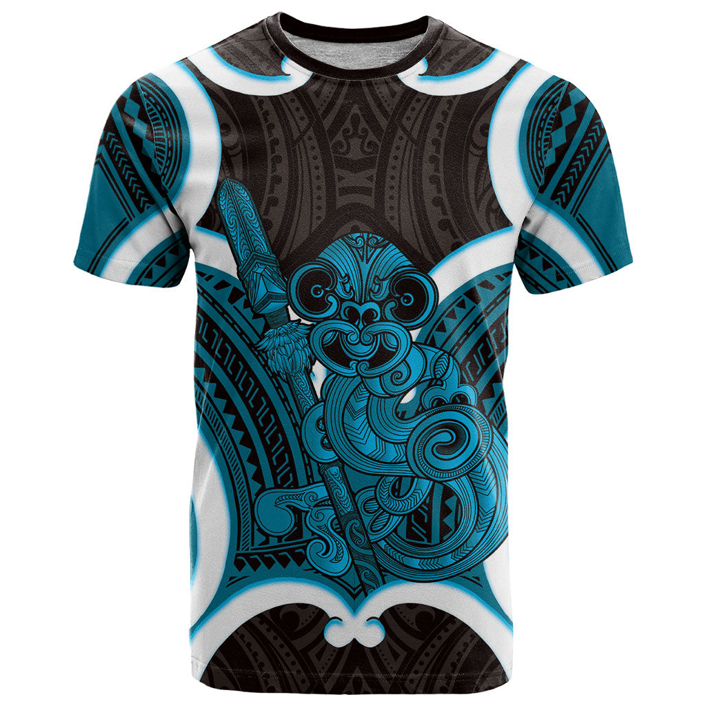 Kikorangi Aotearoa Atua Tumatauenga Personalised T Shirt Maori God Of War Tiki With Taiaha LT14 Blue - Polynesian Pride
