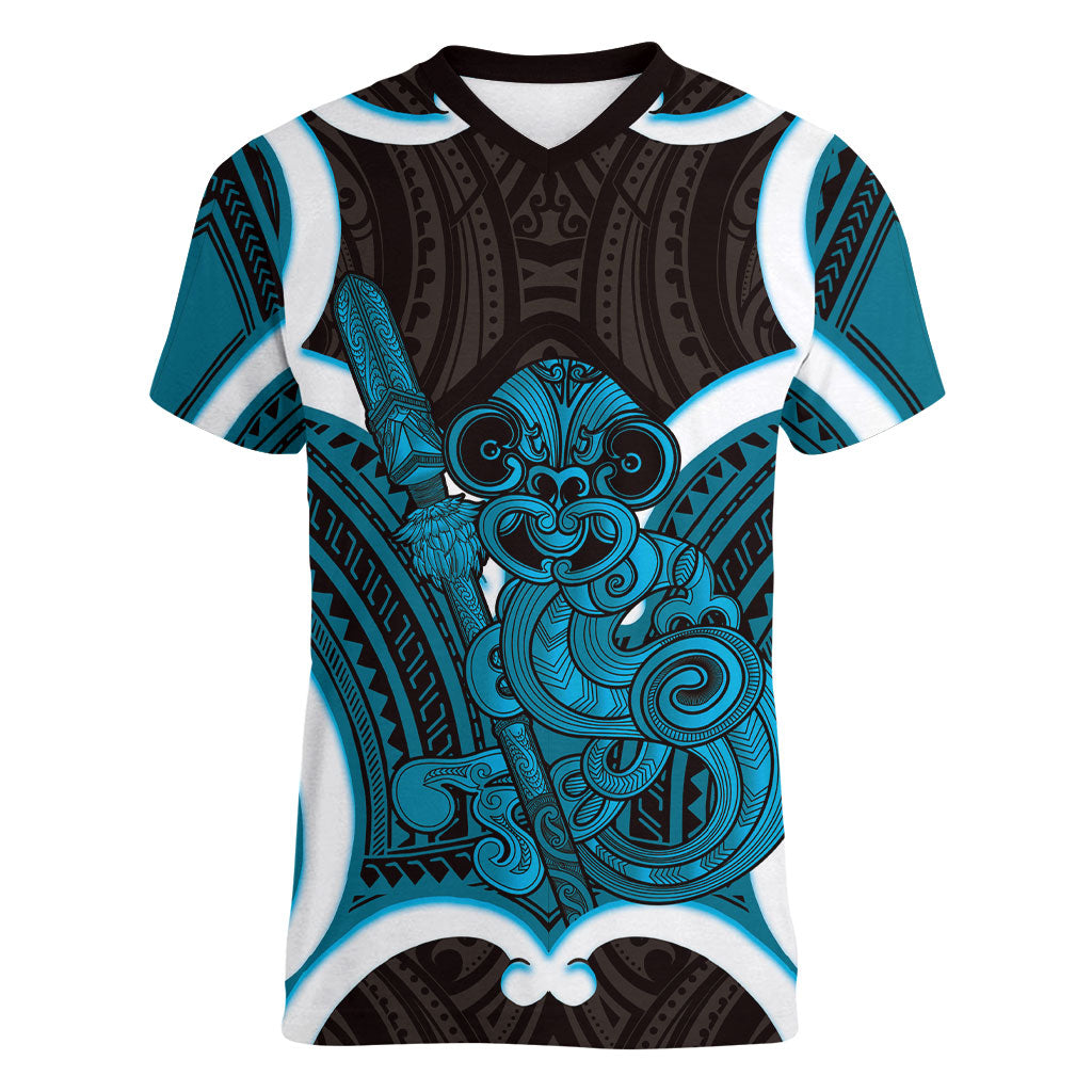 Kikorangi Aotearoa Atua Tumatauenga Personalised Women V-Neck T-Shirt Maori God Of War Tiki With Taiaha LT14 Female Blue - Polynesian Pride