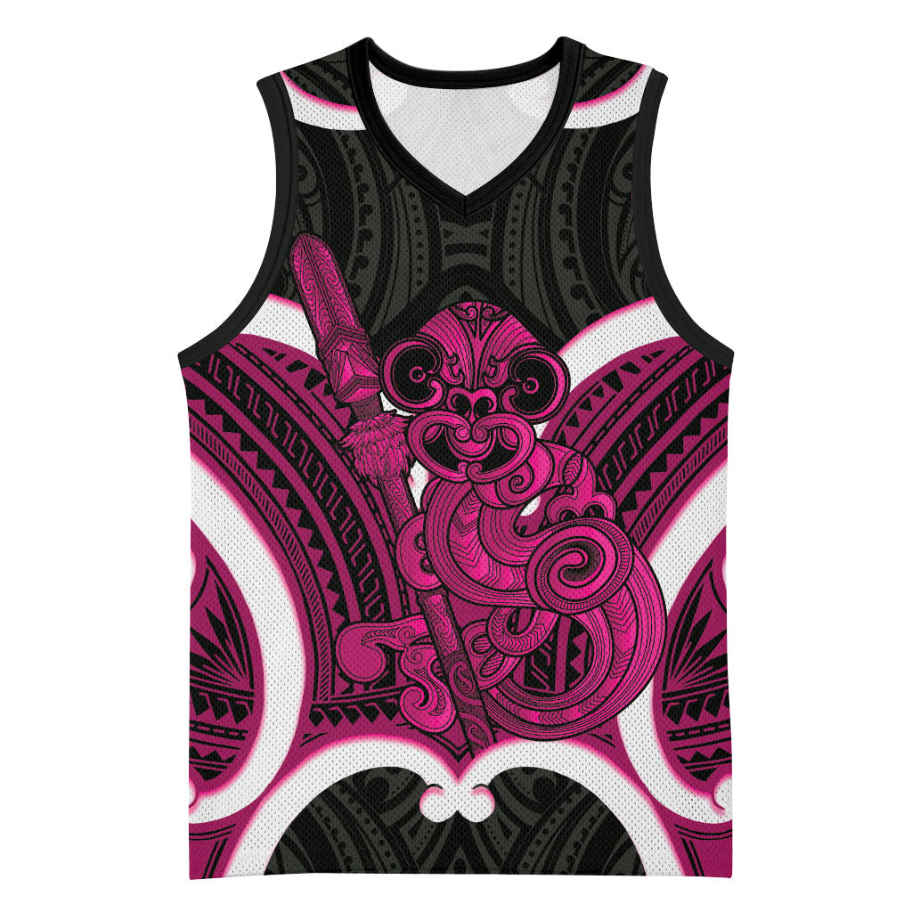Mawhero Aotearoa Atua Tumatauenga Personalised Basketball Jersey Maori God Of War Tiki With Taiaha LT14 Unisex Pink - Polynesian Pride