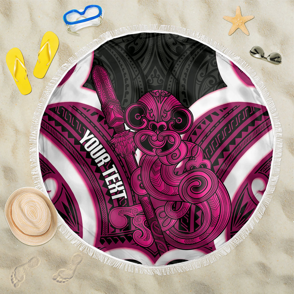 Mawhero Aotearoa Atua Tumatauenga Personalised Beach Blanket Maori God Of War Tiki With Taiaha LT14 One Size 150cm Pink - Polynesian Pride
